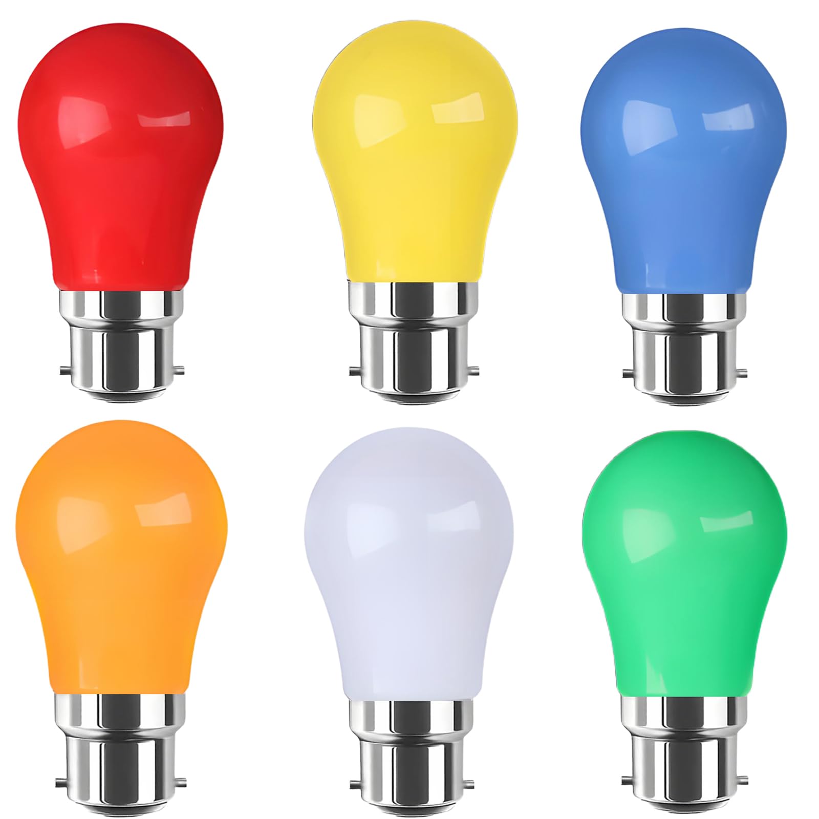 WULUN B22 Coloured LED Light Bulbs, A50 Pear Shaped Lights, 3W Equivalent to 30W Halogen Lights, for Outdoor Indoor, Wedding, Christmas, Party, Red Orange Yellow Green Blue Warm White, 6 Pcs