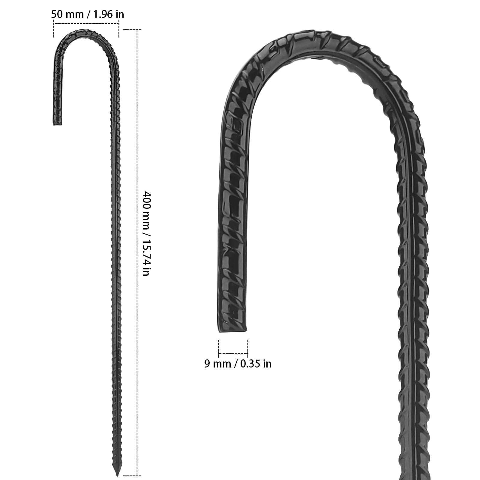 ZEONHAK 10 Pack 40cm Black Ground Rebar Stakes, 16 Inch J Shape Trampoline Wind Ground Anchor Stakes - Image 2