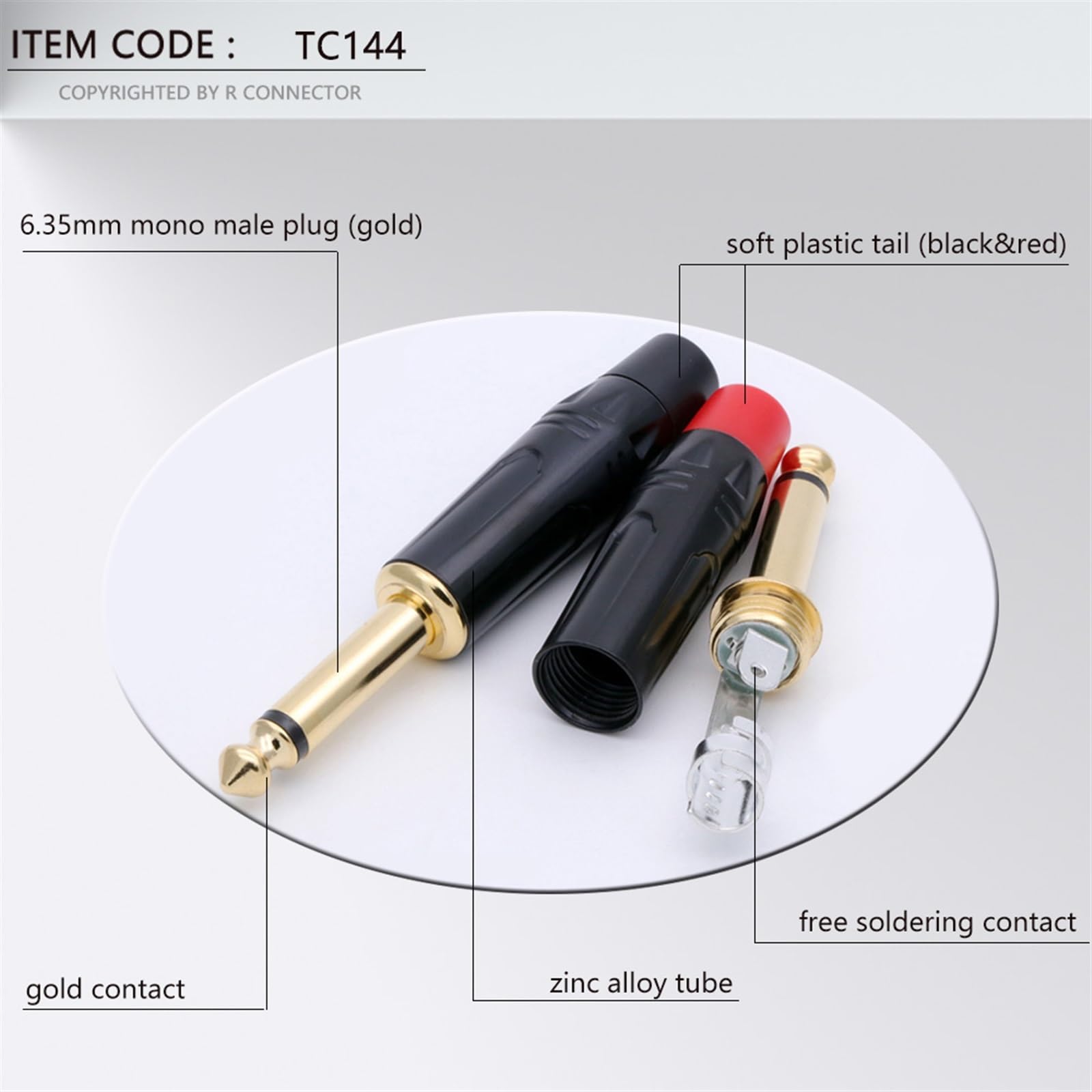 2 connettori da 6,35 mm maschio mono da 6,35 mm, connettore jack per microfono in ottone da 1/4" (rosso)