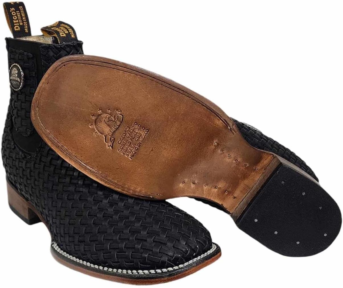 Mens Leather Cowboy Western Hand Woven Braided Square Toe half boots Chelsea Botin Vaquero Petatillo Tejidos