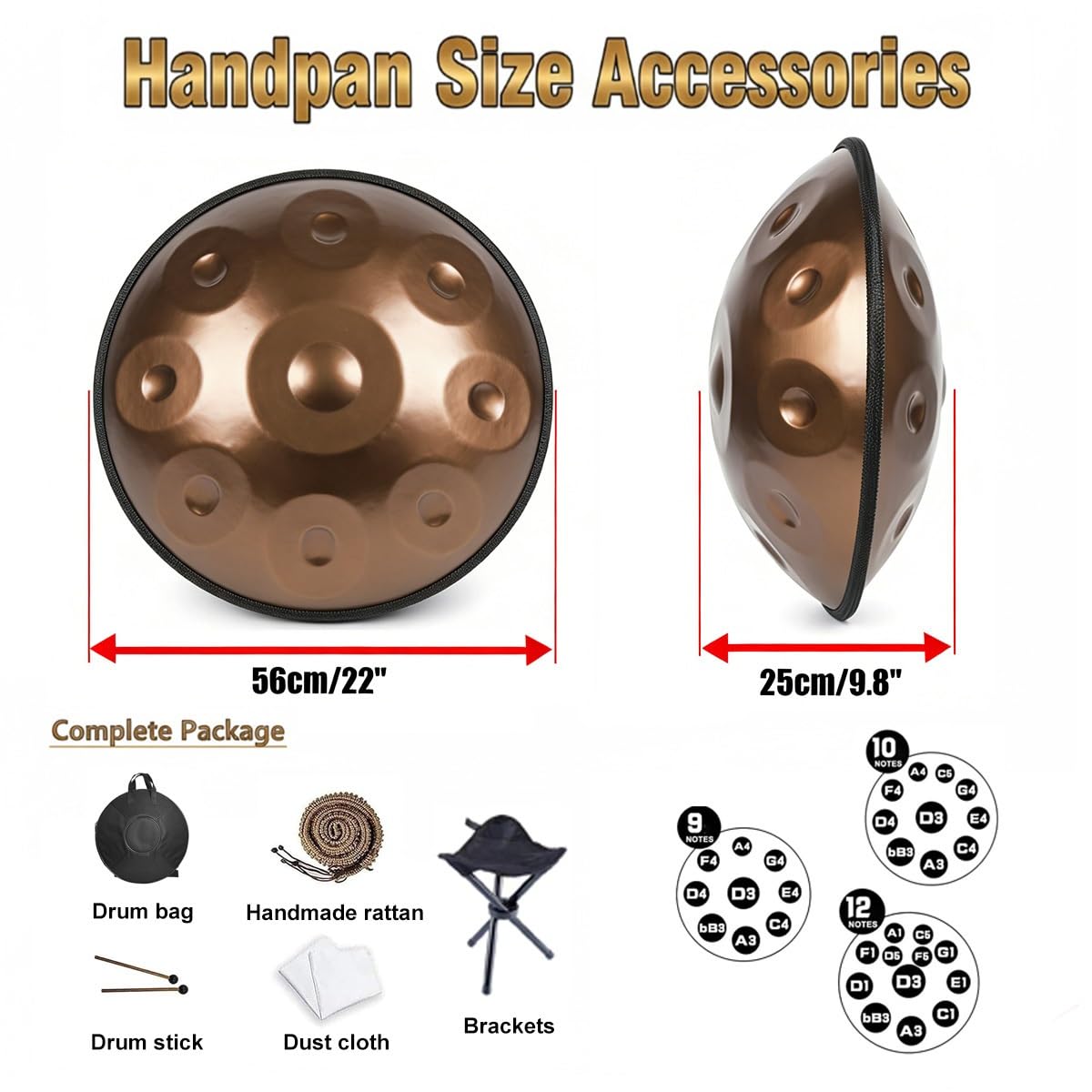 22 Pulgadas Handpan de Acero 432/440Hz 9/10/12 Notas Re Menor Percusión de Tambor Handpan for Beginners, Instrumento de Hand pan Drum con Soporte de Mazo de Bolsa(Deep Purple,440HZ/12Note)