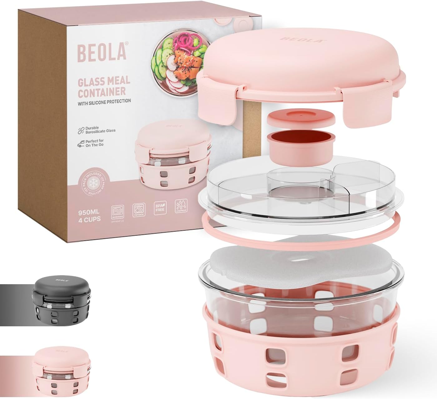 BEOLA Lunch Box, Food Container with Ice Pack, Sauce Cup, Borosilicate BPA Free Glass Salad Bowl with Silicone Protection, Freezer, Dishwasher, Microwave Safe, Glass, 950ml(Blush Pink)