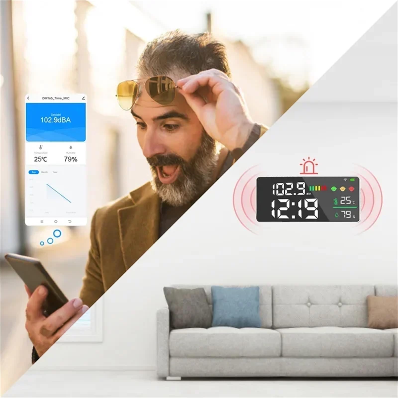 Detector de ruido, Monitor de decibelios WIFI con conexión WIFI Tuya, sensor de temperatura, humedad y tiempo, medidor de ruido con pantalla LED,Analizador de sonido profesional