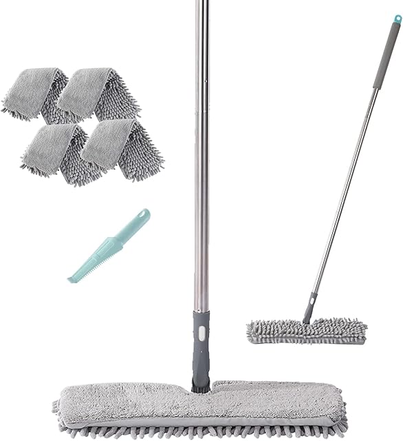 LinTimes Mops for Cleaning Floors, Flat Mop with 4 Wet & Dry Microfiber and Chenille Cloths, Floor Mops for Laminate Floors, Hard Floor, Wooden Floor