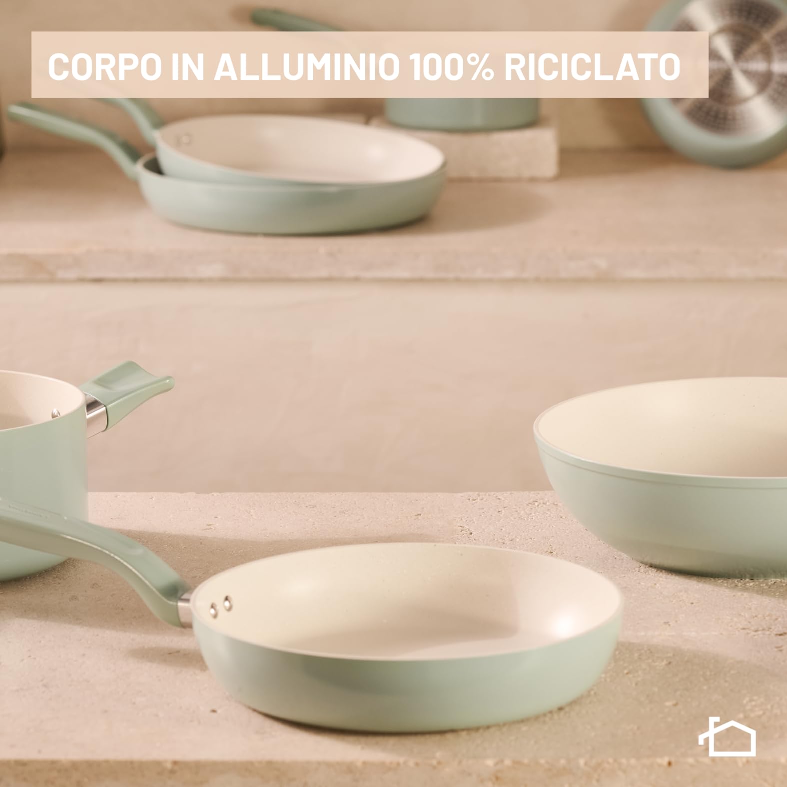 Lagostina Salvia, Set di Padelle e Pentole Antiaderenti 5 Pezzi in Alluminio Riciclato, Rivestimento Mineralia, Indicatore di Calore Thermo-Signal, Manico Rivettato, Compatibili con Induzione