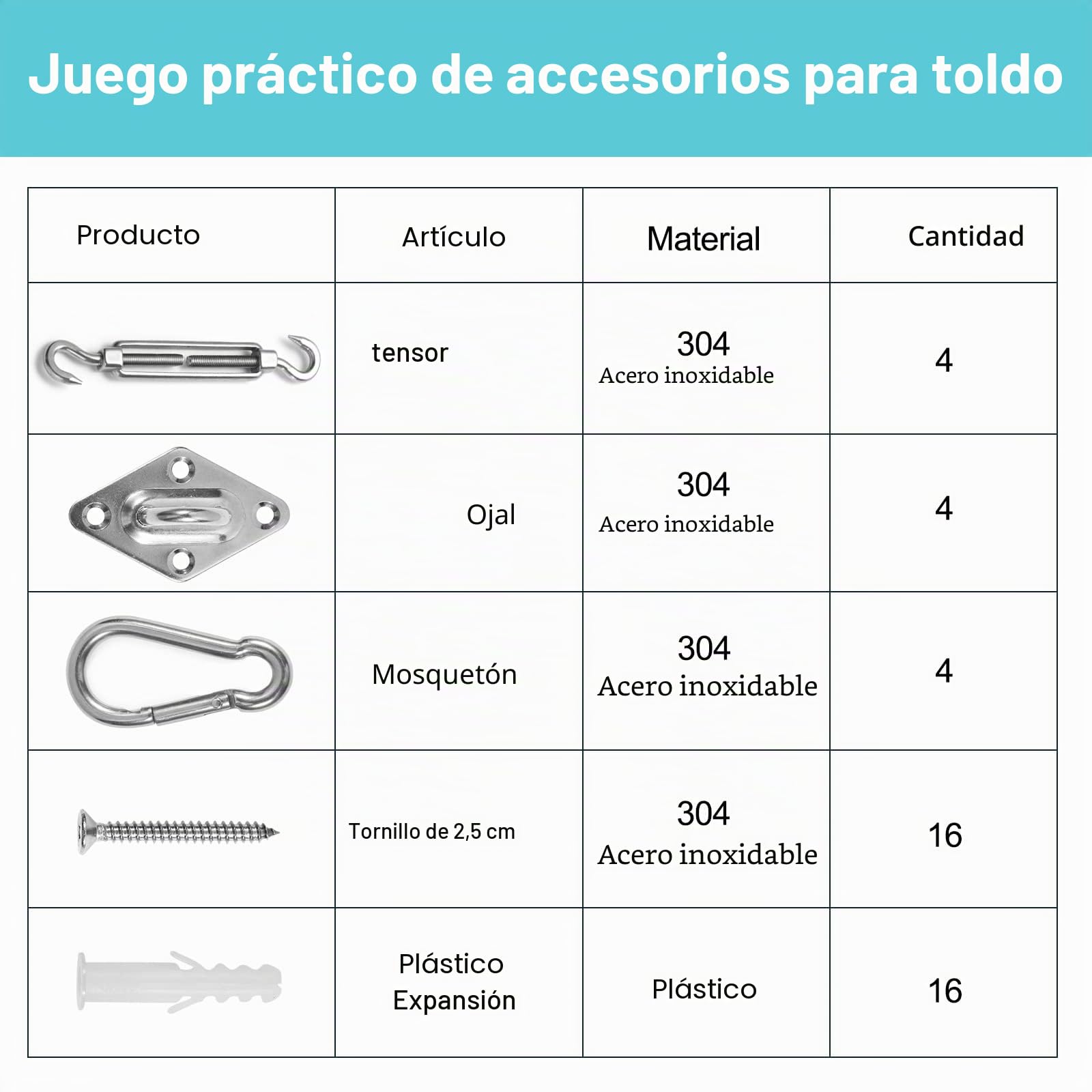 HOMPER Juego de Accesorios para toldos, Juego de herrajes de Acero Inoxidable para Trabajo Pesado con sombrilla Sun Shade para triángulo y escuadra, Accesorios de fijación de Vela Sun Shade