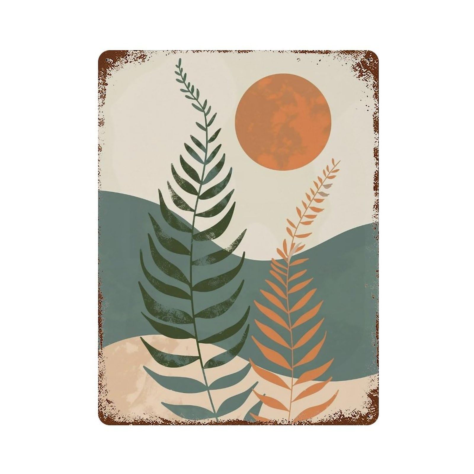 WIHYRTUI Minimal Flat Earth Tone Leafy Branch Sun Moon 01 Wall Retro Iron Metal Tin Sign Vintage Art Poster Modern Home Cofffee Club Art Bar Shop Decor Style 40x30cm
