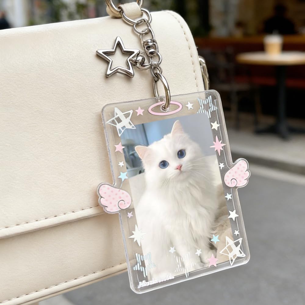 2 llaveros para tarjetas fotográficas de estrella blanca y rosa, bonito soporte para tarjetas de fotos de 3 pulgadas para mujer, soportes verticales para tarjetas de fotos, llavero de plástico