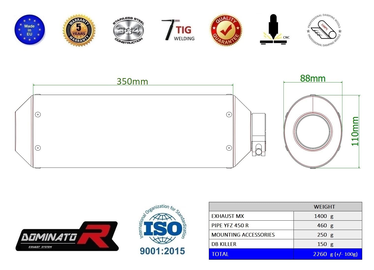 DOMINATOR Silenciador Escape MX compatible con YFZ 450 R 2014-2022