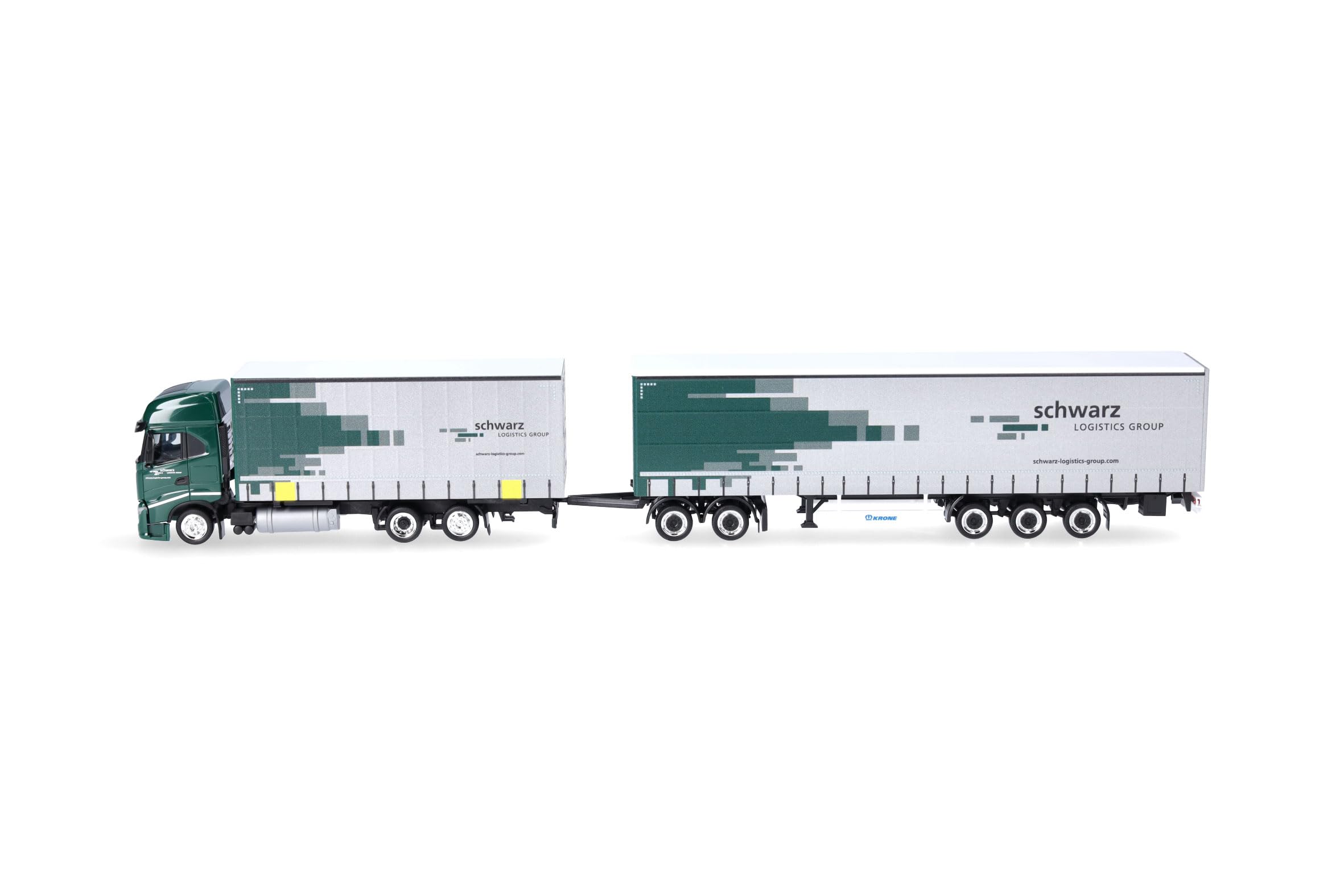 Herpa model ciężarówki Iveco S-Way zestaw z plandeką długą (Lang-LKW) „Spedition Schwarz”, miniatura w skali 1:87, model kolekcjonerski, wyprodukowano w Niemczech, tworzywo sztuczne