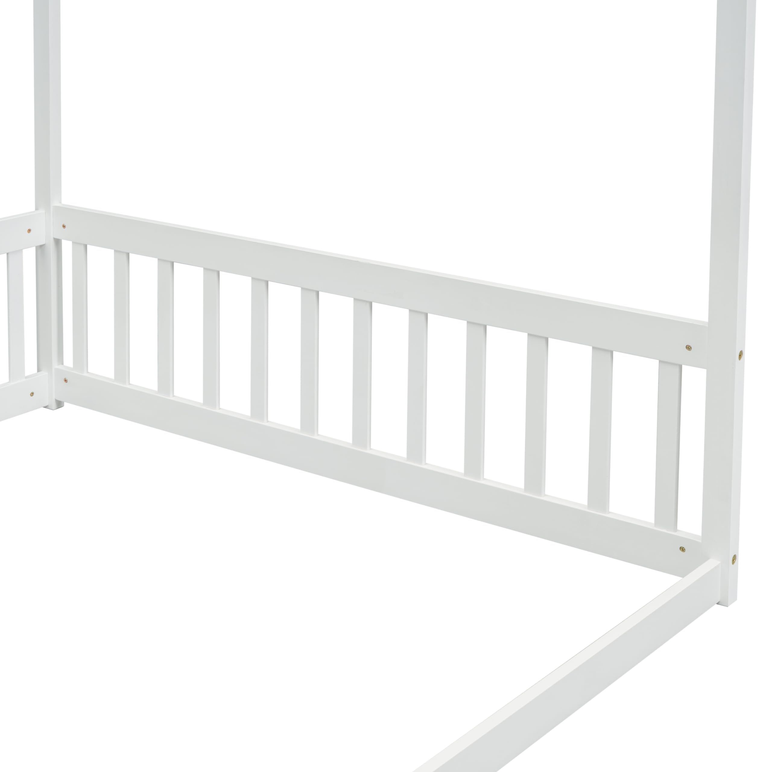 Udorich Elegant and Imaginative Full Size Canopy Frame Floor Bed with Guardrails, White Pine Construction