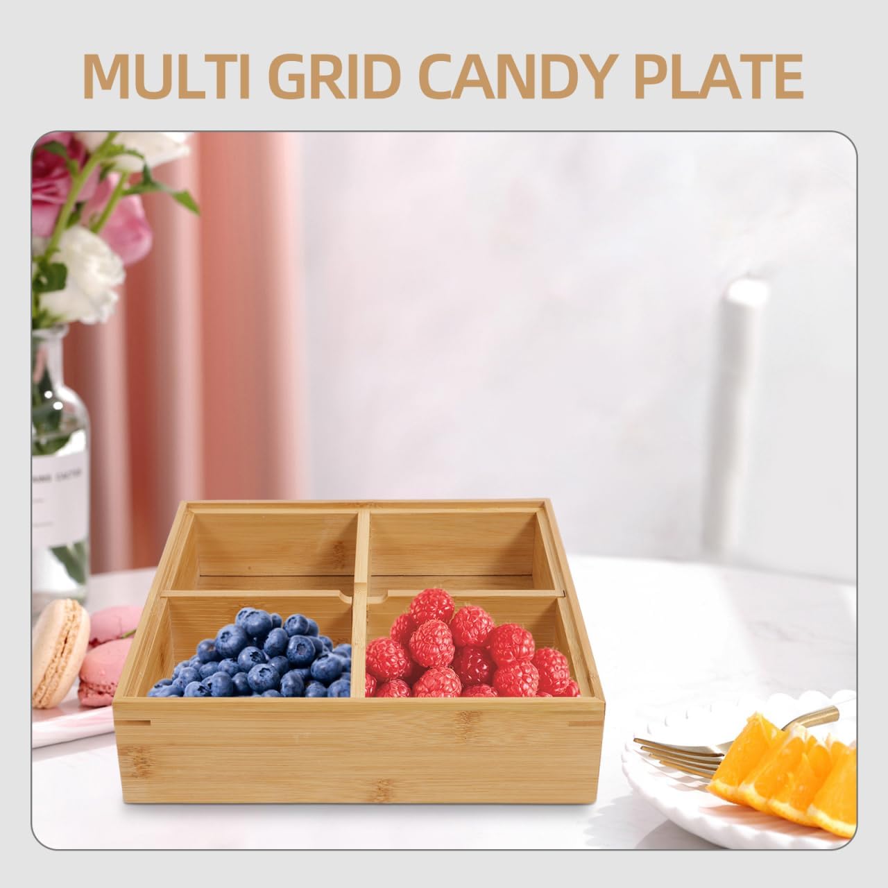 Four-Compartment Bamboo Snack Box with Transparent Lid Divided Serving Tray for Nuts Fruits Candies - Ideal for Parties Home Entertaining and Everyday Use - Image 8