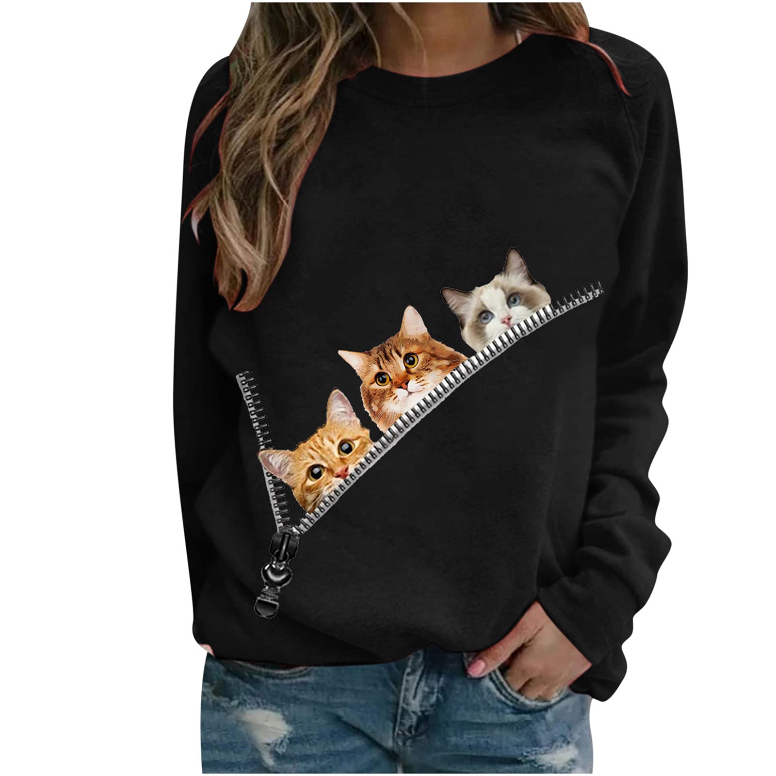 NUSGEAR 2022 Camiseta de Manga Larga Mujer, Moda Gato impresión Blusa Cuello Redondo Camisa Basica Camiseta Slim Fit Primavera Tops Casual T-Shirt Elegante Fiesta Original Pull-Over Sudadera tee