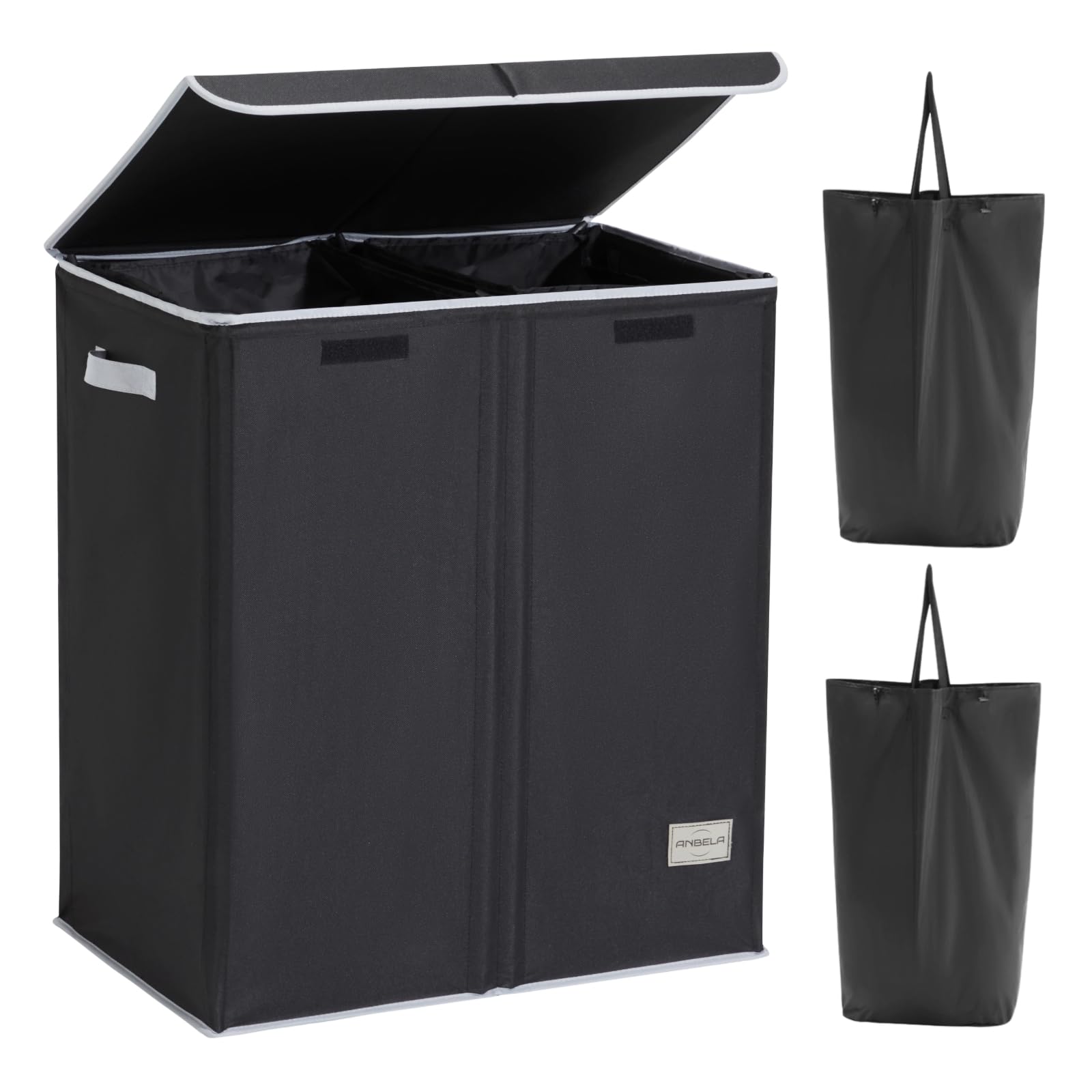 ANBELA Double Laundry Hamper with Lid and 2 Liners, 145L Laundry Basket, Hamper 2 Sections with Handles for Easy Sorting, Collapsible Dirty Clothes Hampers, Bedroom, Dorm, College, Black