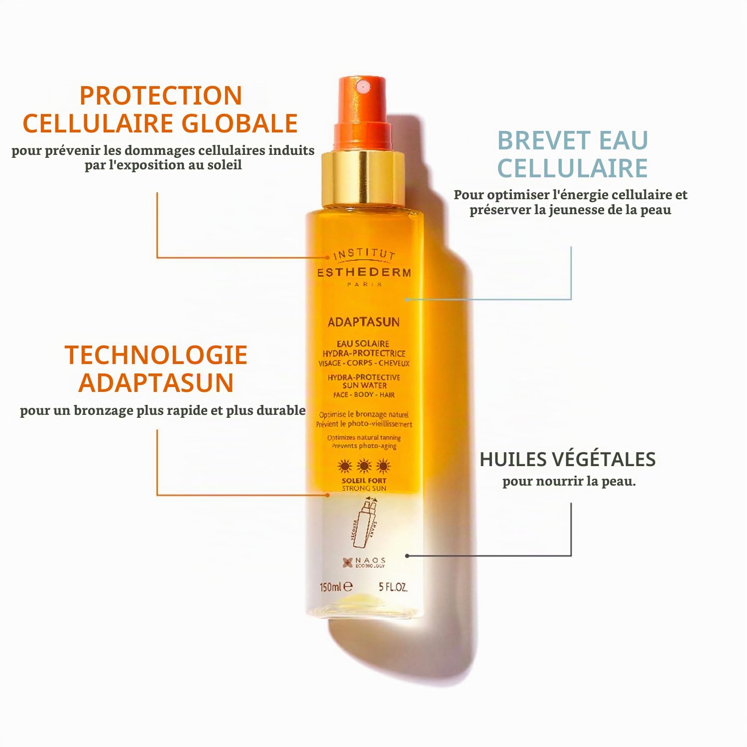 INSTITUT ESTHEDERM Eau solaire hydra-protectrice - Protection UVA/UVB contre les coups de soleil et le photovieillissement - Accélère le bronzage - Flacon Pompe 150 ml