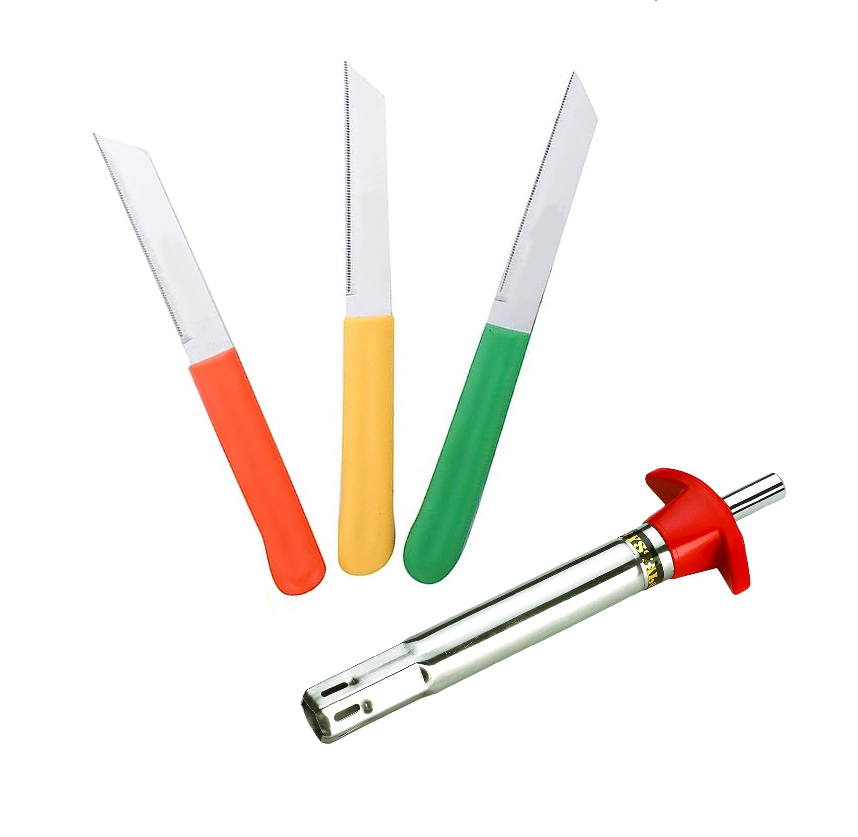 3pc Vegetable Cutting Knife with Plastic Handle and Free Gas Lighter - Stainless Steel Blade, Multicolour, Heavy Duty Cleaver, Ergonomic, Professional Chef, Slicing, Dicing, Chopping, Handy