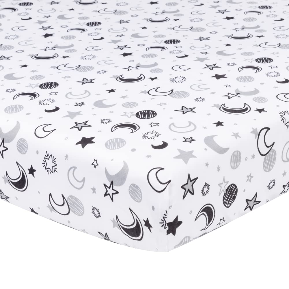 Juego de 4 sábanas para cuna unisex con diseño de estrella y luna, para bebés o niñas (blanco)
