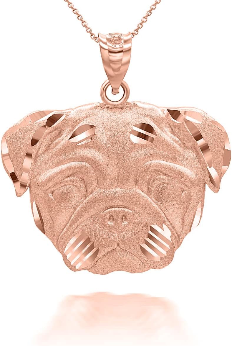 10K Yellow, White, or Rose Gold Lovely Animal Pug Dog Head Charm Pendant Necklace with Rolo Chain