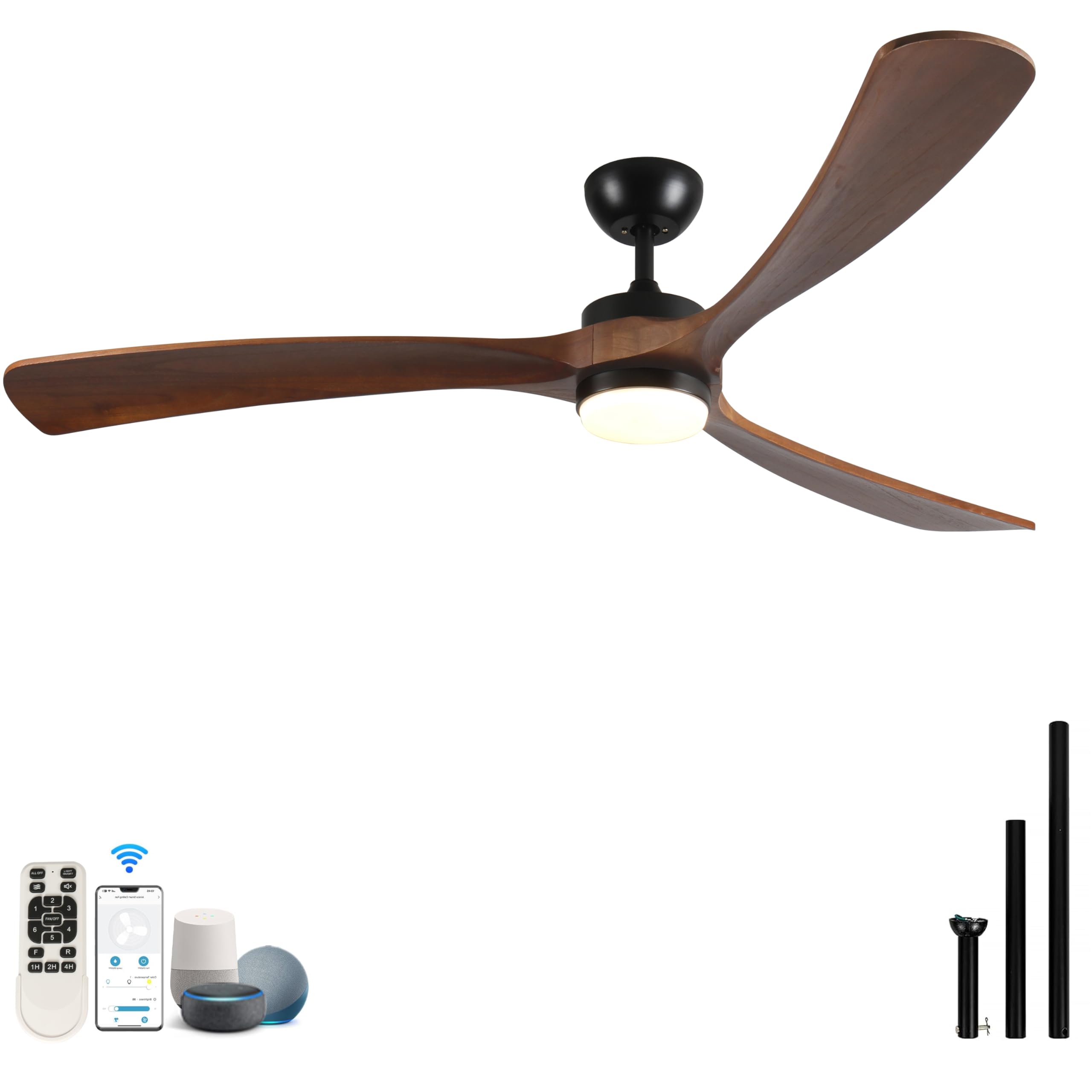 72 Inch Solid Wood Ceiling Fan with Lights Indoor Outdoor Remote Control 3 Wooden Blades Ceiling Fan for Porch Living Room Bedroom