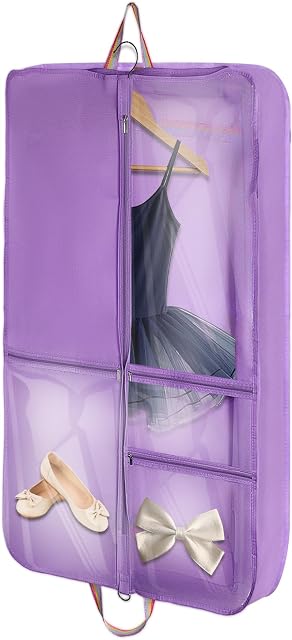 Dance Sac à vêtements, tissu non tissé PVC Costume de vêtement Sacs de rangement Couvertures avec 3 Poches transparentes pour enfants Vêtements suspendus pour ranger des robes Uniforme (Purple)