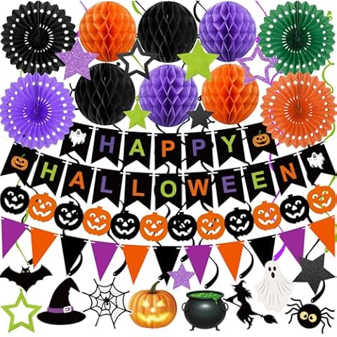 Halloween Party Decorations Happy Halloween Banner Honeycomb Balls Paper Fans Hanging Swirls Triangle Garland for Indoor Home Office Class School Party Supplies Cover