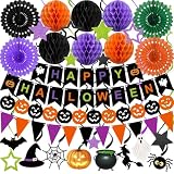 Halloween Party Decorations Happy Halloween Banner Honeycomb Balls Paper Fans Hanging Swirls Triangle Garland for Indoor Home Office Class School Party Supplies