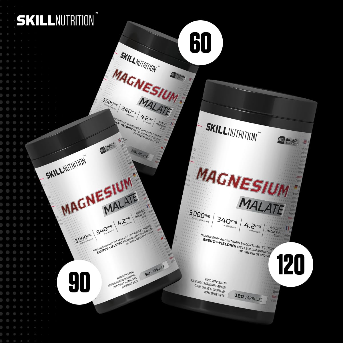 Skill Nutrition Magnesium Malate + Vitamin B6 120 kapsułek | 340 mg magnezu w porcji | 3000 mg jabłczanu magnezu, aktywna B6 P-5-P | Bez tlenku magnezu