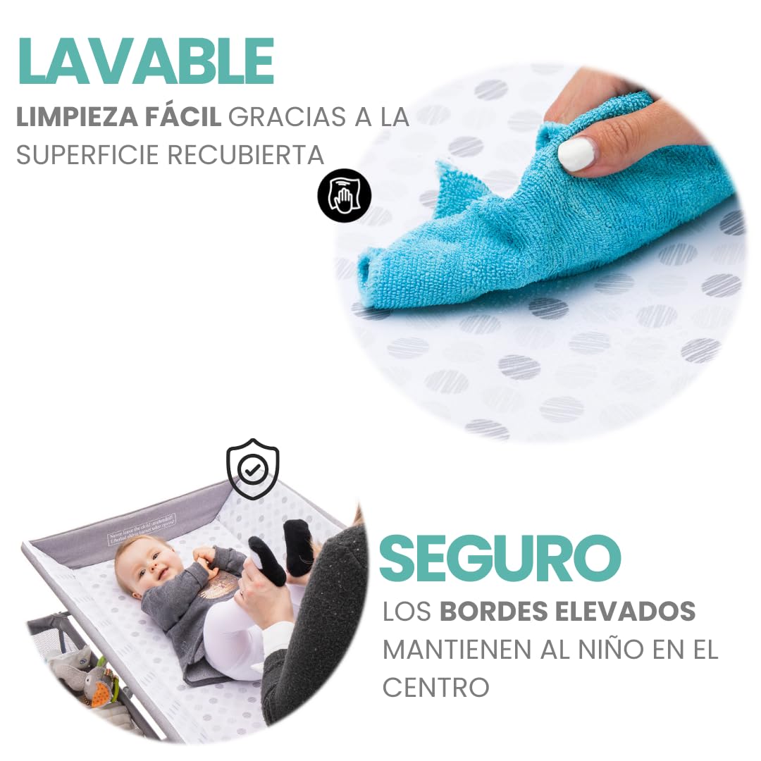 Fillikid Cambiador Bebe Mueble Plegable, Plastificado Impermeable con Organizador de Pañales - Topos/Gris