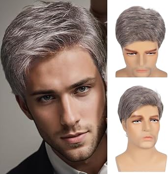 Mens Light Brown and Grey Short Wig Straight Side Part Synthetic Heat Resistant Fiber Old Men Hair Wig for Daily Use Brown Grey