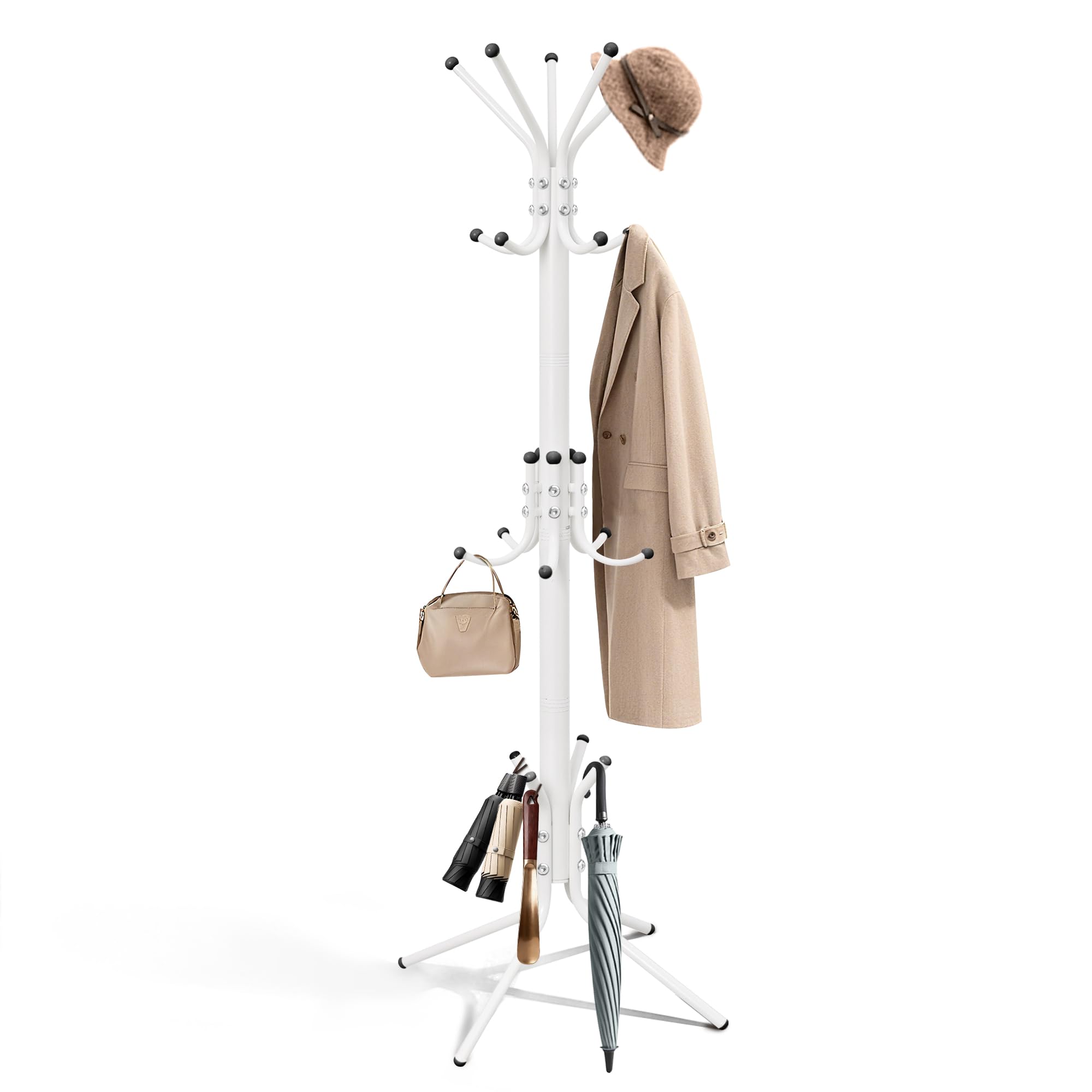 Metal Coat Rack, Freestanding Coat Tree & Hall Tree with 15 Hooks, Sturdy Coat Rack Stand and Hat Rack, Coat Hanger for Entryway, Bedroom, Office for Jackets, Hats, Bags,White