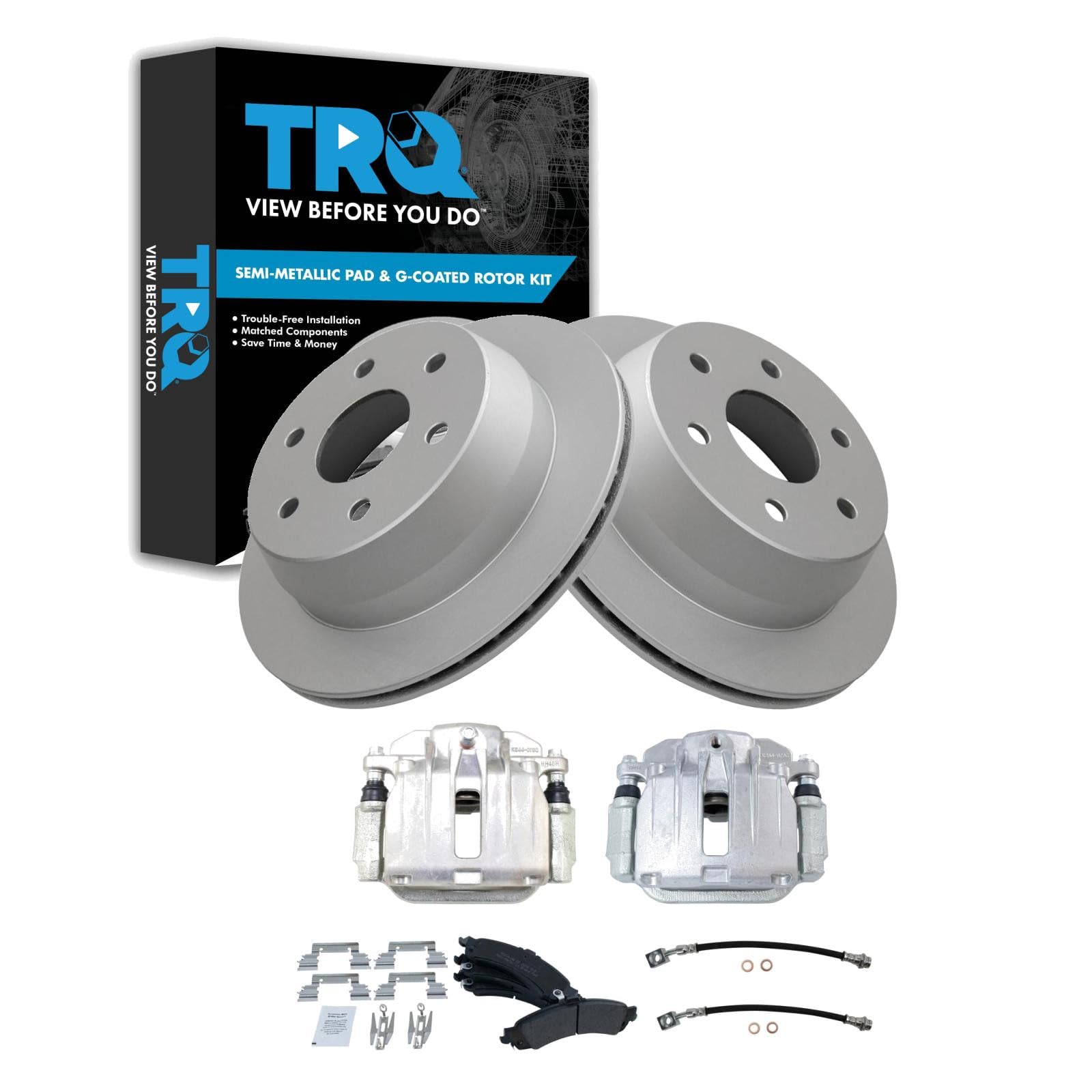 TRQ Rear Brake Pad and Rotor Set Semi Metallic Coated Rotors Calipers Compatible with 2000-2001 Chevrolet Tahoe GMC Yukon