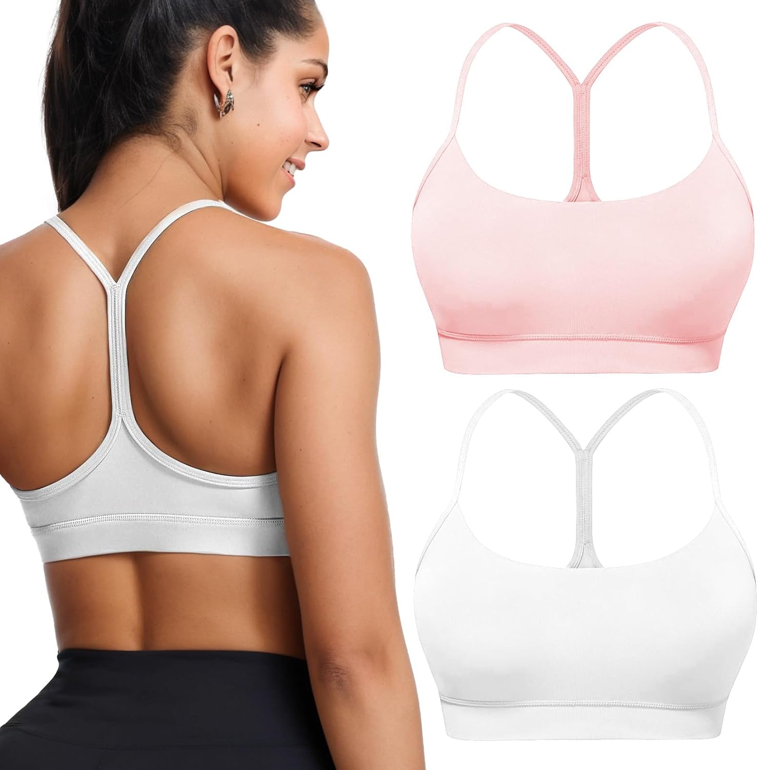 Buauty 2 Packs Y Back Sports Bra for Women, Low Impact Padded Racerback Spaghetti Strap Bras, Workout Yoga Tops