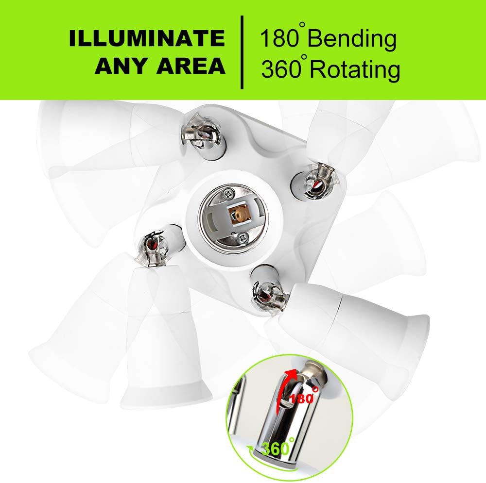8T8 5 in 1 E26 Light Bulb Socket Splitter Converter Adapter 360 Degree Adjustable I Stardand LED Lamp Base Holder, Each Port 60 Watt, Total 300 Watt