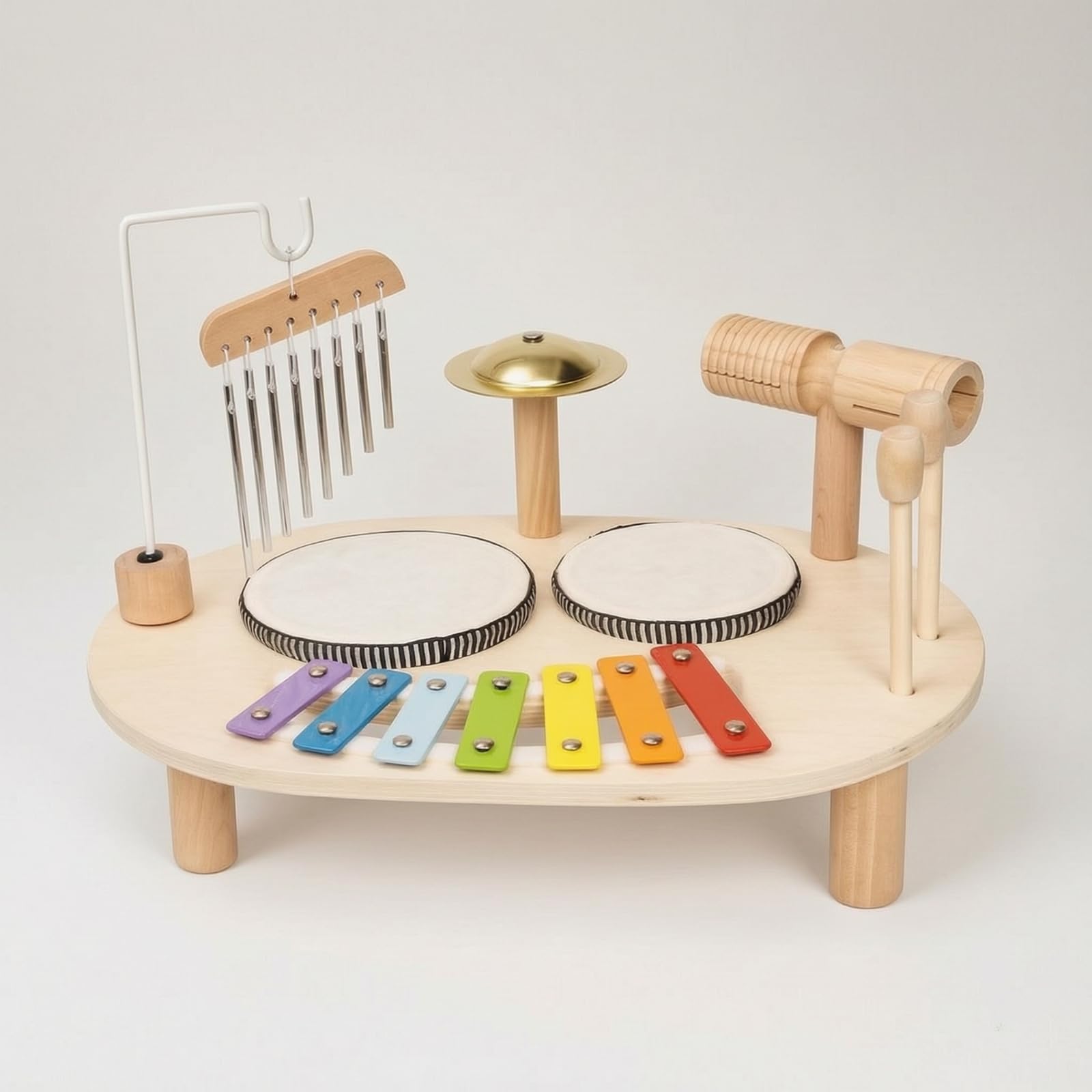 Colcolo Juguete de Percusión para Niños con Completa Base de Mesa con Llaves Metálicas Coloridas Tambores Platillo y Bloque Incluye Mazos Madera y Metal