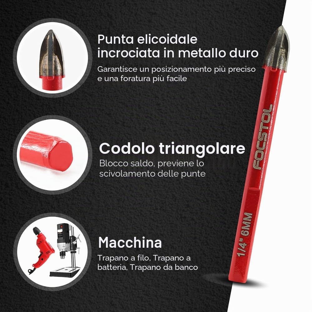 FOCSTOL Set Punte Trapano Diamantate - 4 pezzi 6/6/8/10mm Sega a Tazza Diamantata+1 pezzo 6mm Trapano al Carburo con Gambo Triangolare per Gres Porcellanato Ceramica Granito Marmo