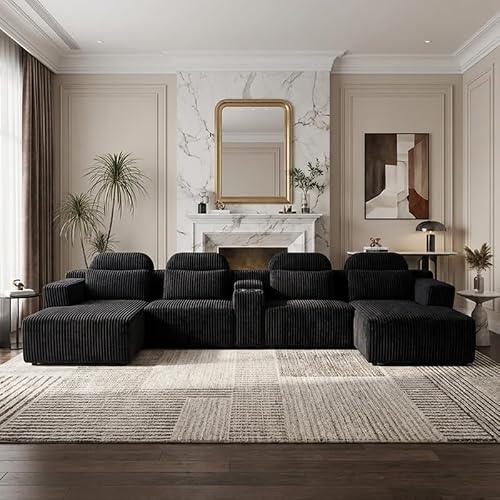 KEIKI Modular Sectional Cloud Couch for Living Room - 143" 6 Seater Convertible Velvet Couches Set with Ottoman, No Assembly Compression Sofa, Comfortable Sofa with Chaise Lounge & Cup Holders, Black