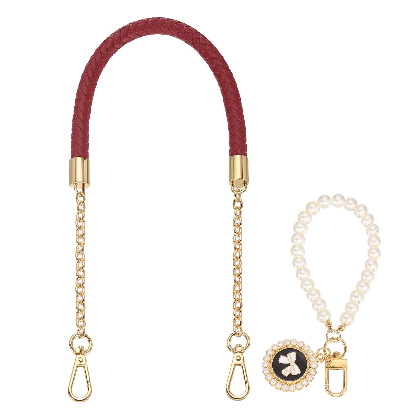 sourcing map PU Leather Chain Purse Strap, 24.4 Inch Braided Purse Handle Replacement with Pearl Pendant for Handbags Underarm Bag Tote (Wine Red, Light Gold Buckle)
