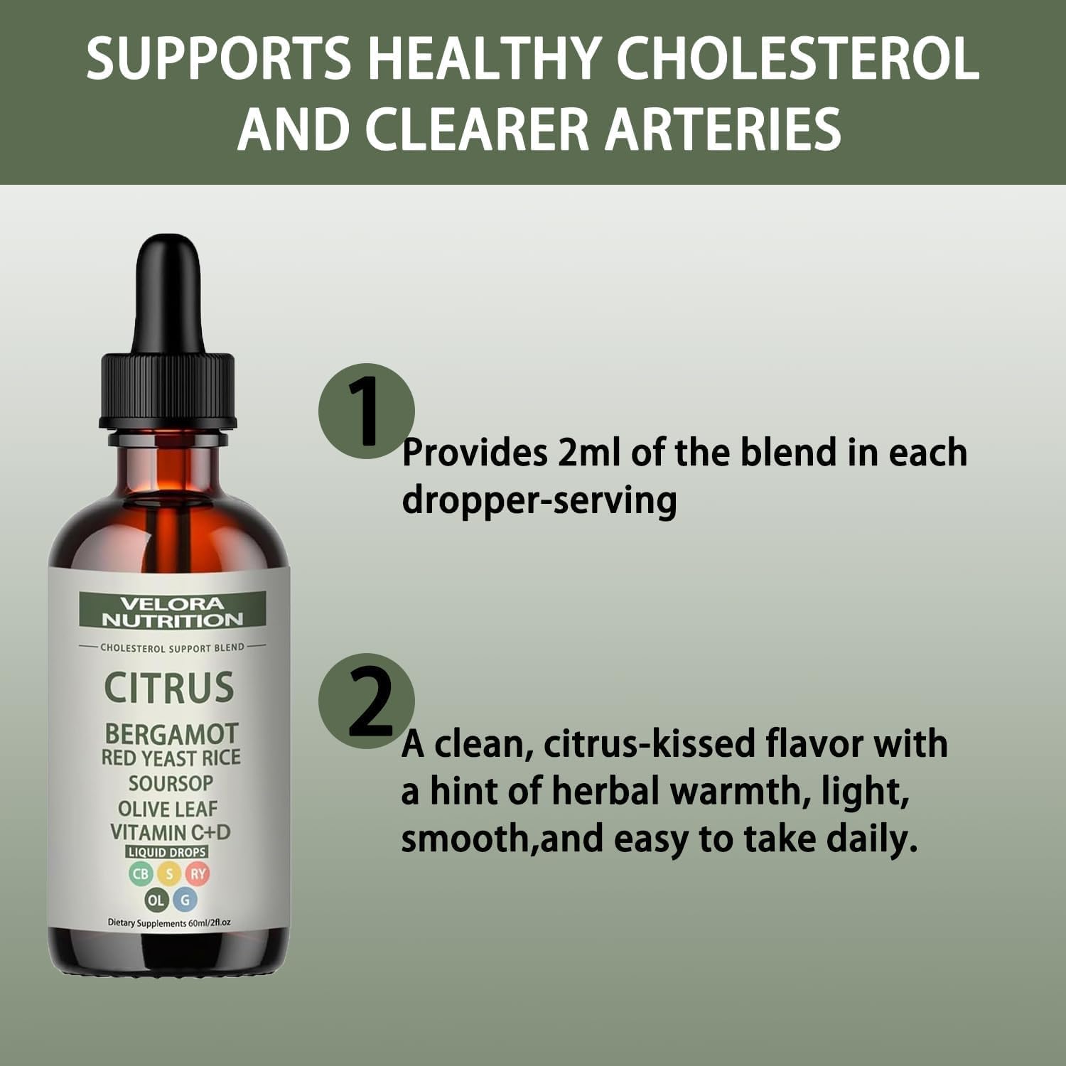 velora Red Yeast Rice Cholesterol Cleans Drops with Citrus, Bergamot, Red Yeast Rice, Soursop, Olive Leaf, Vitamin C+D, Natural, Non-GMO, Vegan 2 fl oz (1pc)