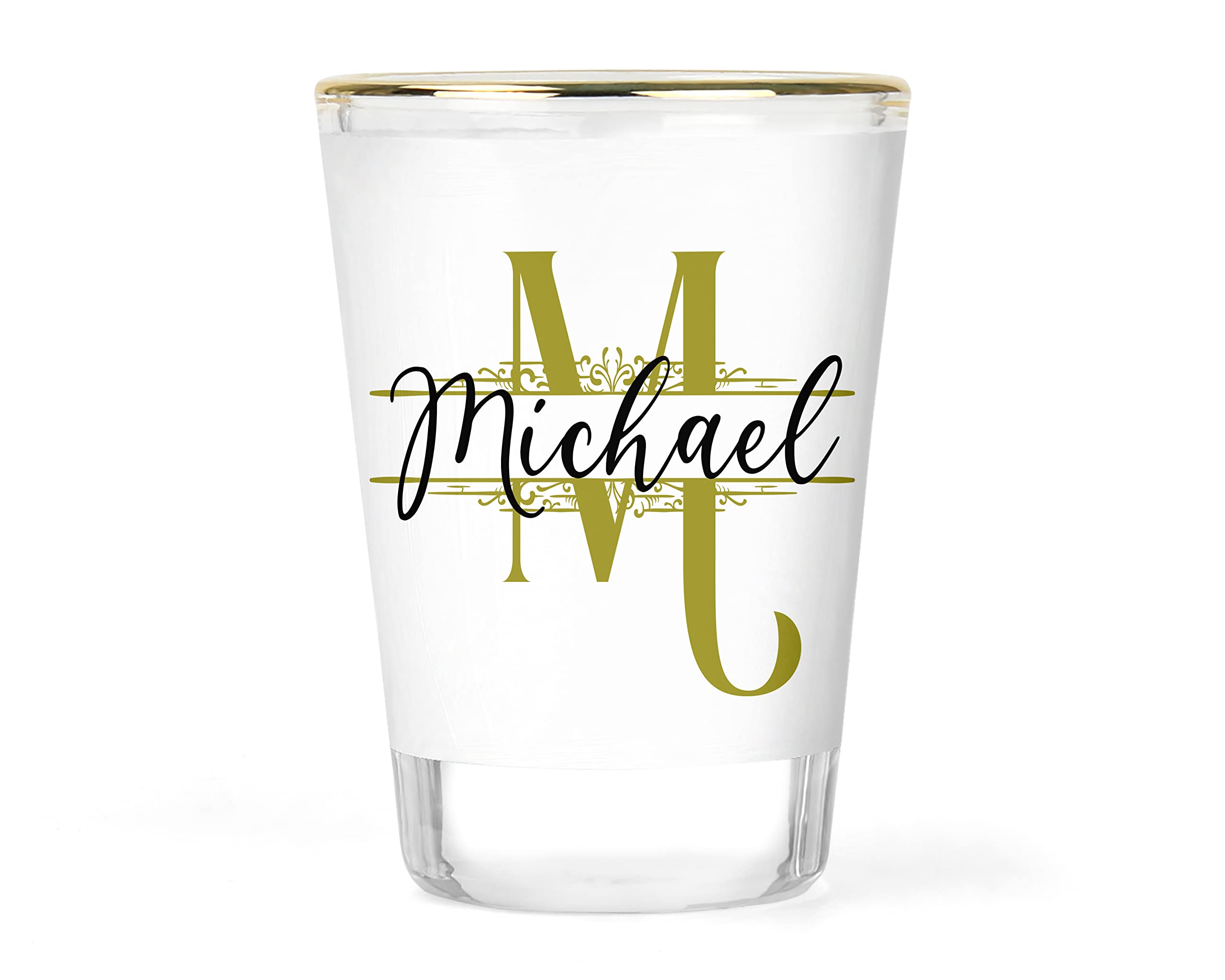 Custom Shot Glass Monogram Glassware Customizable Shots Monogramed Glasses Initial Shooter Gift Gifts Idea Ideas for Him Personalized Unique Collectible Gold-rimmed Shotglasses 1.5 ounce Keepsake