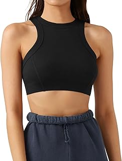 LASLULU Womens Sports Bra Racerback Athletic Shirts Padded Ribbed Yoga Tank Tops Halter Neck Fitness Workout Crop Tops