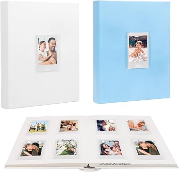 2 Packs 128 Pockets Photo Album with Writing Space, Front Window, Polaroid Photo Albums 3 Inch Compatible with Fujifilm Instax Mini 12 11 9 8 7s 99 40White+Blue