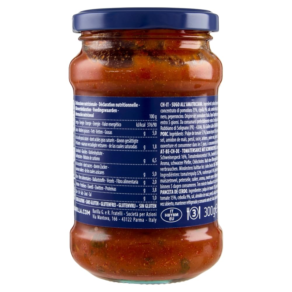 12x Barilla Pastasauce Sugo all' Amatriciana, Italienisches Sauce mit Schweinebauch 300g + Beni Culinari Kostenloser Schlüsselanhänger