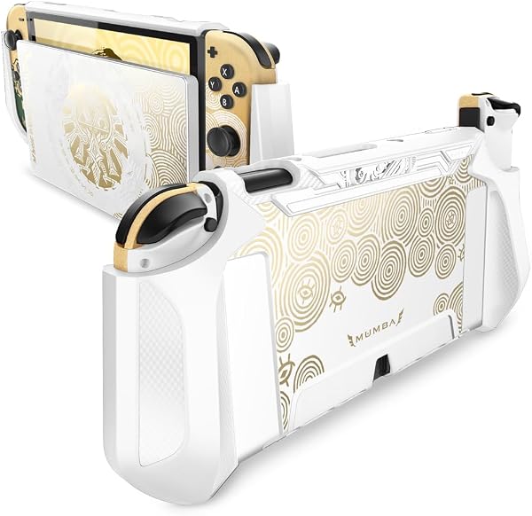 The Mumba Blade Series case in white and gold offers enhanced grip for the Nintendo Switch OLED Model.