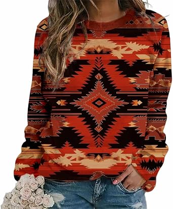 LOAIHA Western Sweatshirts for Women Native American Cowgirl Hoodies Aztec Shirts Long Sleeve Tops Blouses Fall Outfit