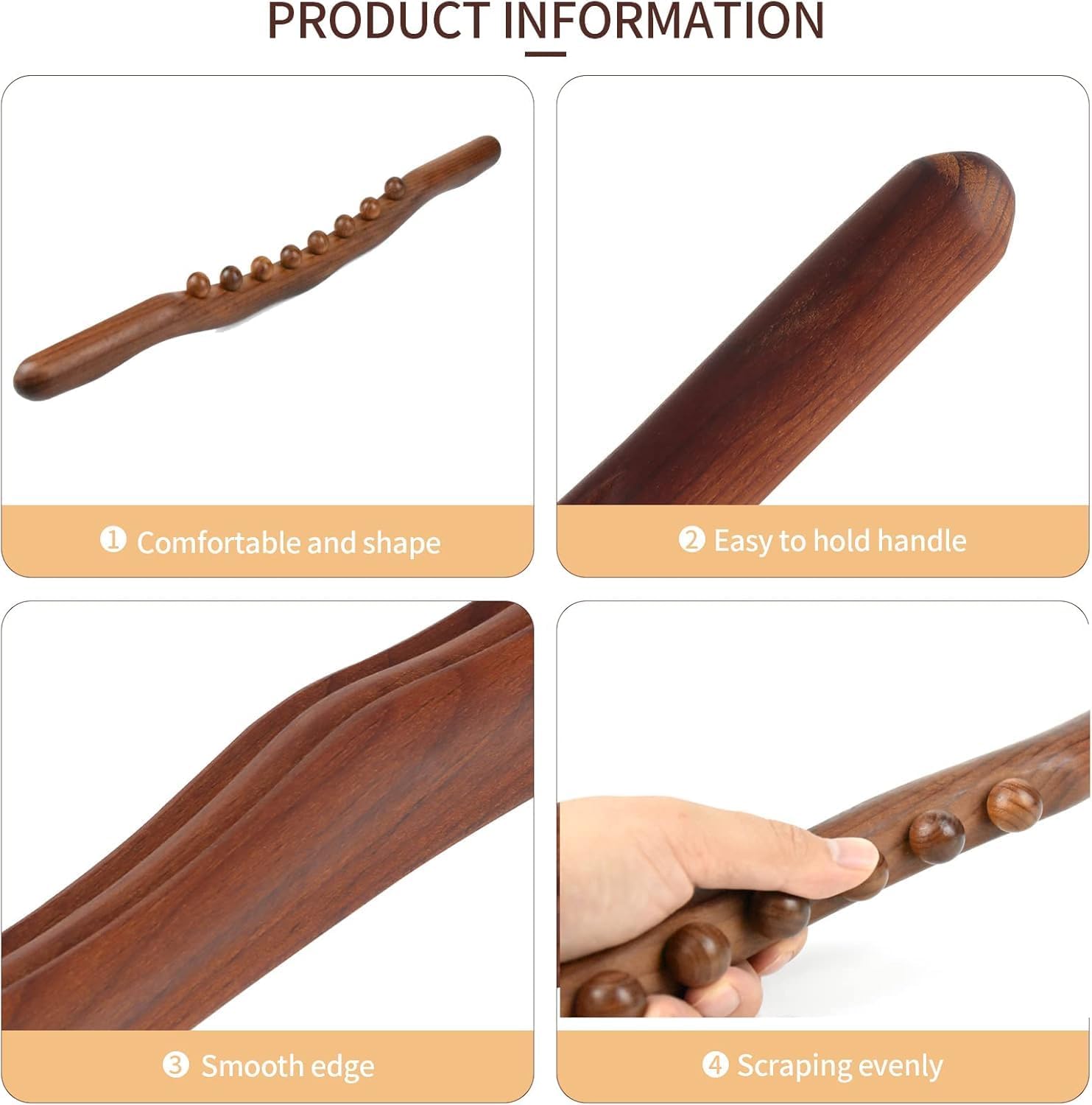 Alark Gua Sha 1 Line Black Wood Massage Stick Tools Wooden Therapy Scraping Lymphatic Drainage Massager, 8 Beads Point Treatment Gua Sha Tools With Waist Back Leg Whole Body For Belly Waist Thigh
