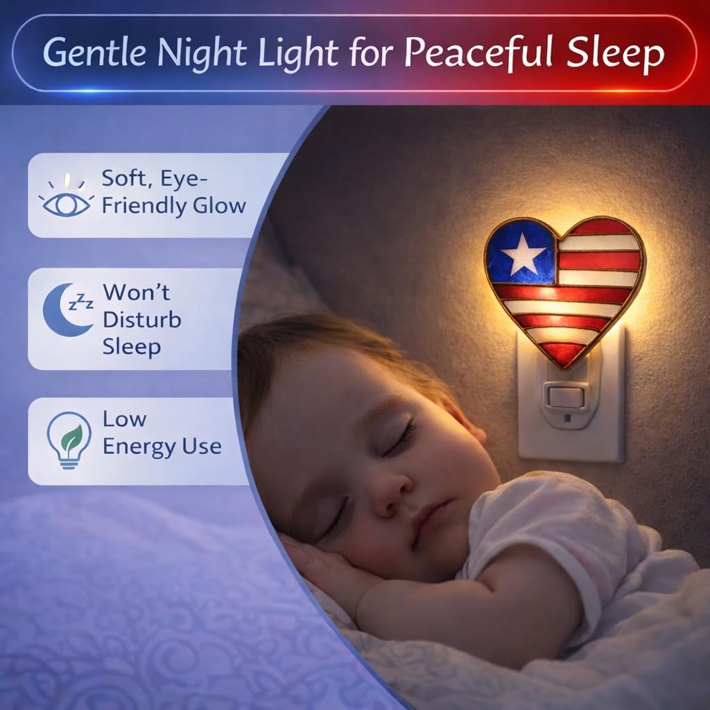 American Flag Night Light - Patriotic Heart Shaped Plug in Stained Glass Nightlight -Ideal for Independence Day & Memorial Day from SassyXpressions