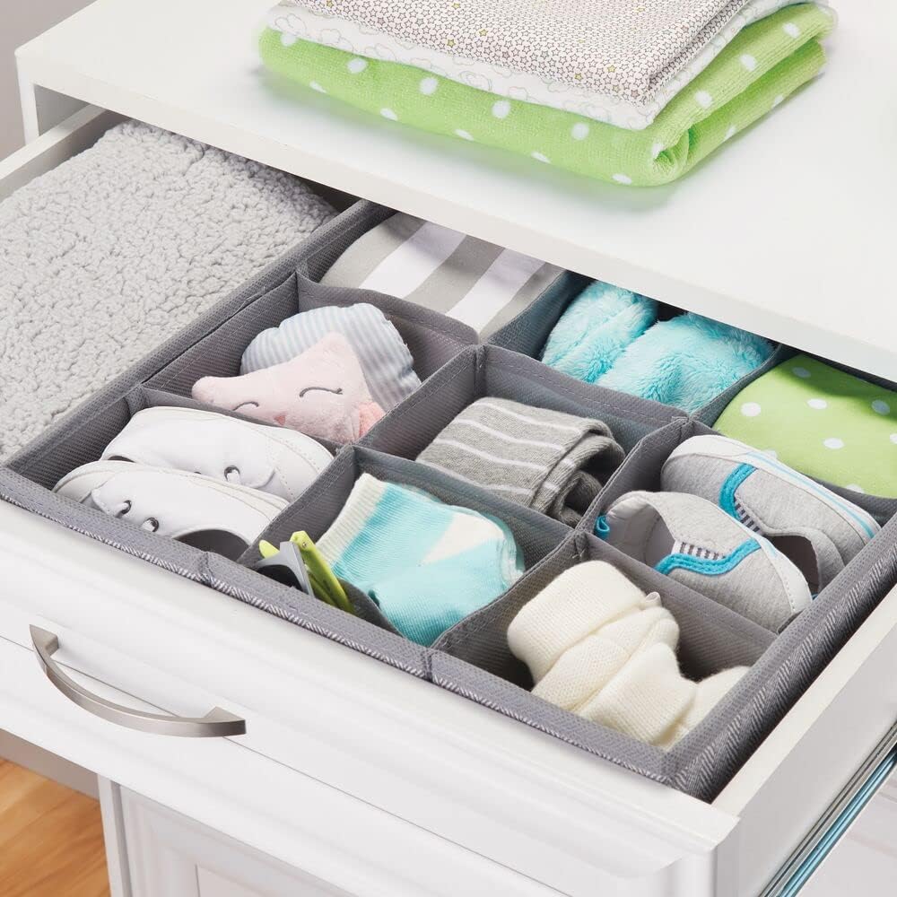 mDesign Soft Fabric 9 Section Dresser Drawer and Closet Storage Organizer for Child/Kids Room, Nursery, Playroom - Divided Large Organizer Bin - Herringbone Print with Solid Trim - Gray