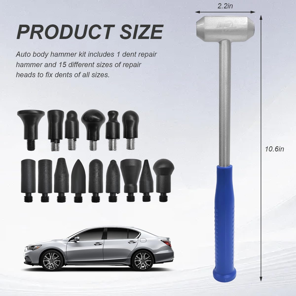 16PCS Auto Body Hammer Tools Set, Paintless Dent Removal Tool with 15 Different Shaped Heads, Aluminum Repair Hammers Tap Down Tool for Car Body DIY Dent Fix, Car Accessories