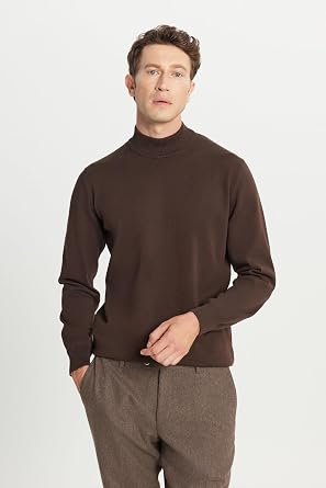 ALTINYILDIZ CLASSICS Erkek Pamuklu Standart Fit Yar m Bal k  Yaka Triko Kazak Kahverengi L