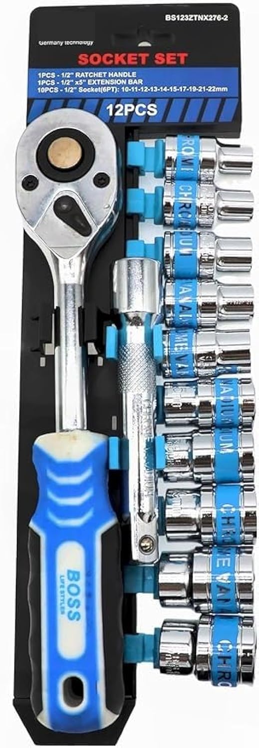 BOSS LIFE STYLE 1/2/inchs Drive Socket Set - 12-Piece Premium Chrome Vanadium Steel Kit for CAR,BIKE, SCOOTER REPAIR with Ratchet Handle, Extension Bar, and Sturdy Case